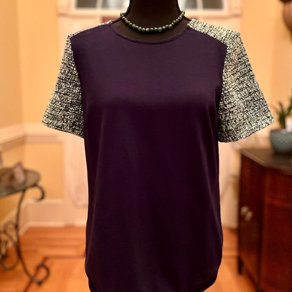 ❗️HOST PICK❗️Crew Blouse Top Tee Navy Green Boucle Sleeve ColorBlock - Picture 2 of 7